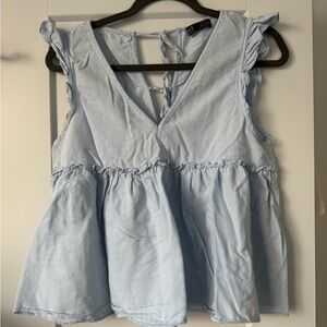 Zara Light Blue Ruffle Tie-Back Babydoll Tunic